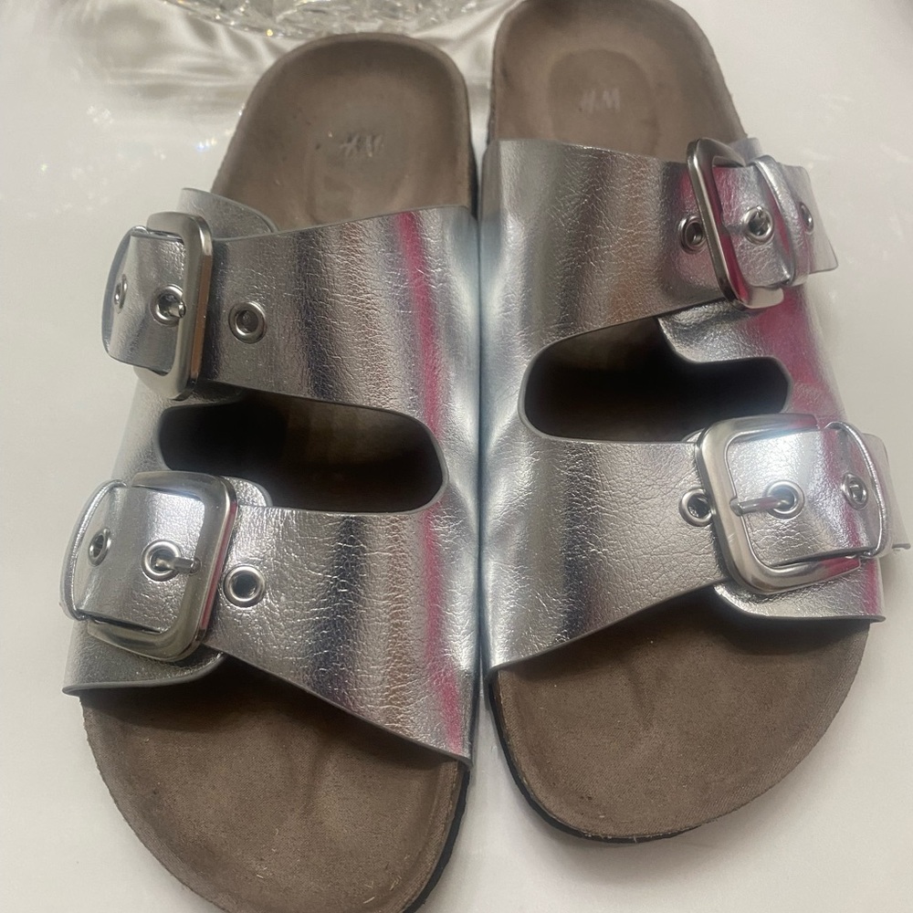 H&M Metallic Silver Double Buckle Sandals